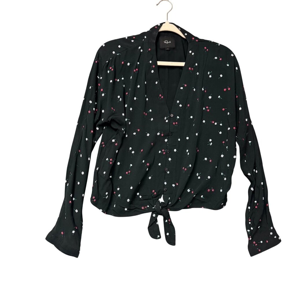 Rails Women's Shirt Sz S Black Cherry Floral Print Tie Front Long Sleeve V-Neck